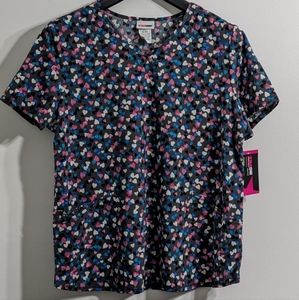 XL ScrubStar Women's Hearts Print V Neck Scrub Top, New With Tag